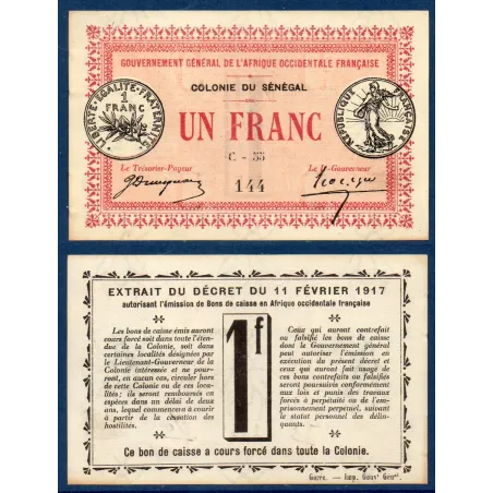 Senegal AOF P.2b, Spl, Billet de 1 Franc 11.2.1917 Semeuse