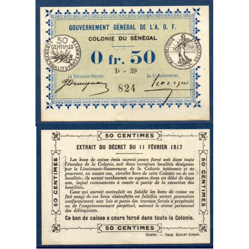 Senegal AOF P.1b, spl Billet de 50 centimes 11.2.1917 Semeuse