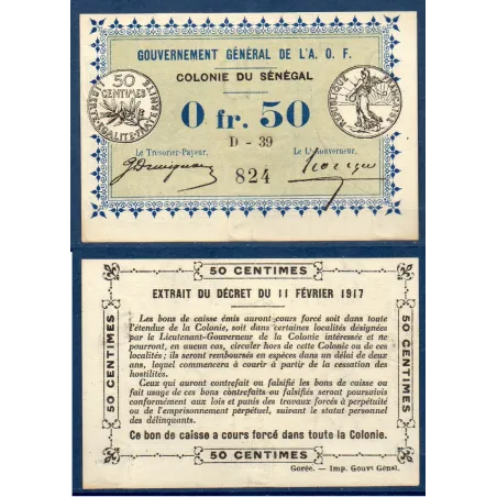 Senegal AOF P.1b, spl Billet de 50 centimes 11.2.1917 Semeuse