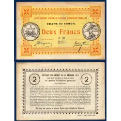 Senegal AOF P.3a, Sup, Billet de 2 Francs 11.2.1917 Semeuse