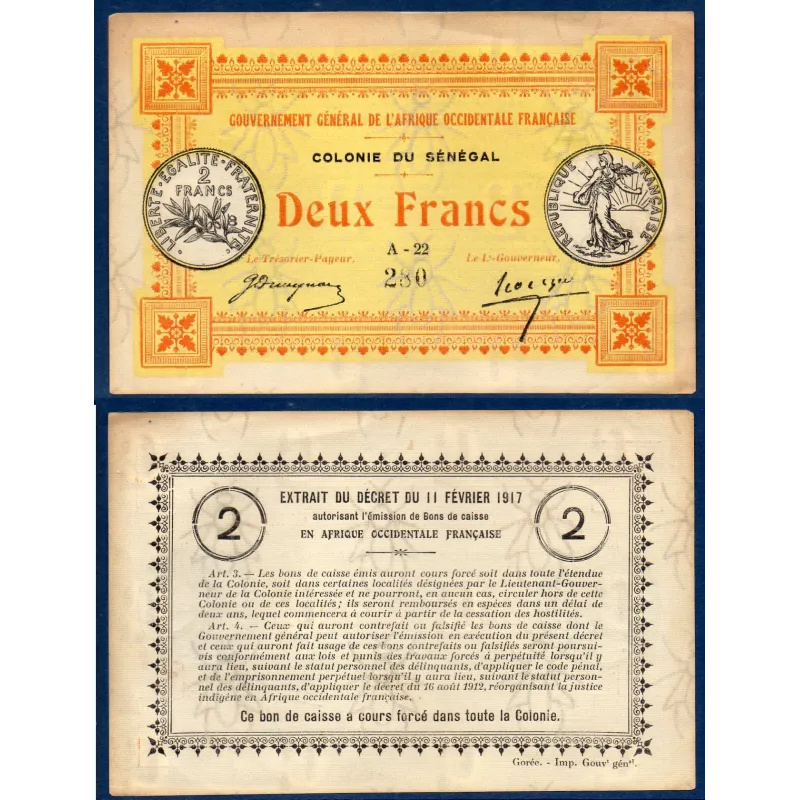 Senegal AOF P.3a, Sup, Billet de 2 Francs 11.2.1917 Semeuse