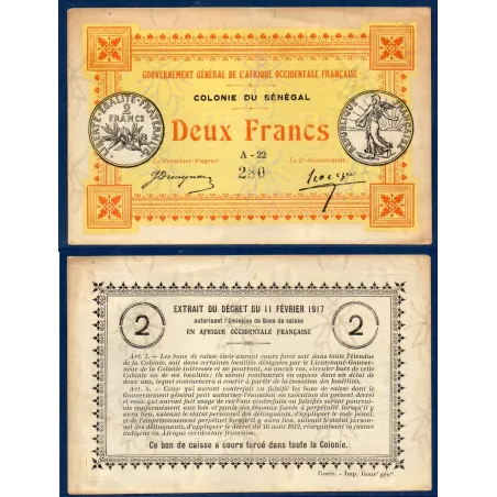 Senegal AOF P.3a, Sup, Billet de 2 Francs 11.2.1917 Semeuse