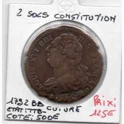 2 Sols Constitution Louis XVI 1792 BB Strasbourg TTB-, Cuivre France pièce de monnaie