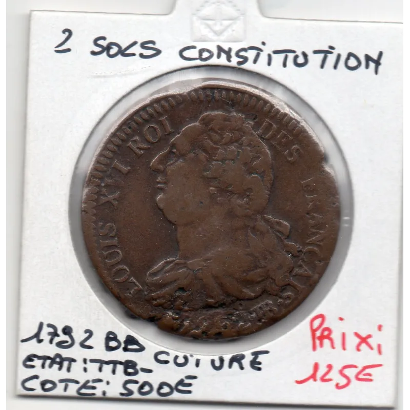 2 Sols Constitution Louis XVI 1792 BB Strasbourg TTB-, Cuivre France pièce de monnaie