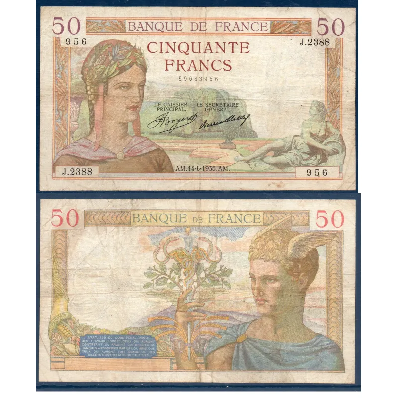 50 Francs Cérès, TB-, 14.8.1935 Billet de la banque de France