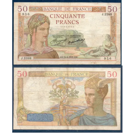 50 Francs Cérès, TB-, 14.8.1935 Billet de la banque de France