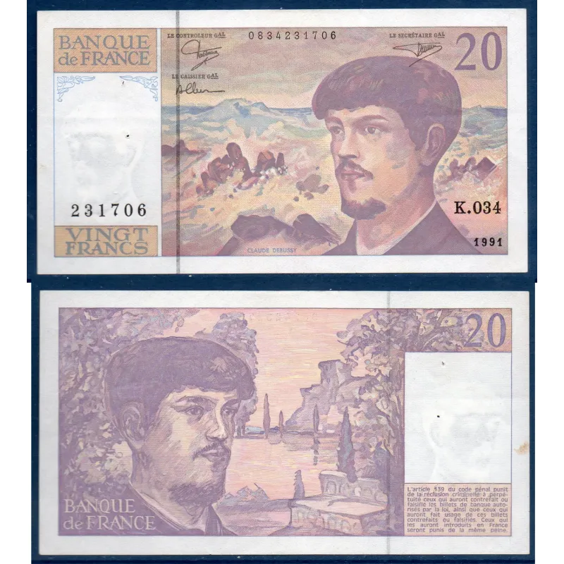 20 Francs Debussy TTB 1991 Billet de la banque de France