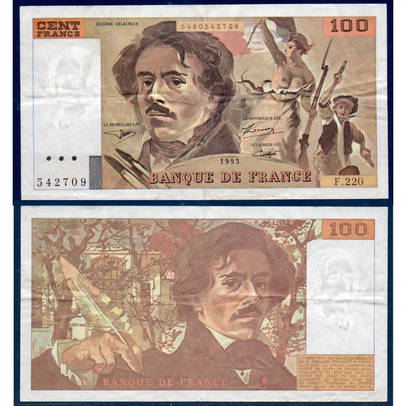 100 Francs Delacroix, TTB-,1993 Billet de la banque de France