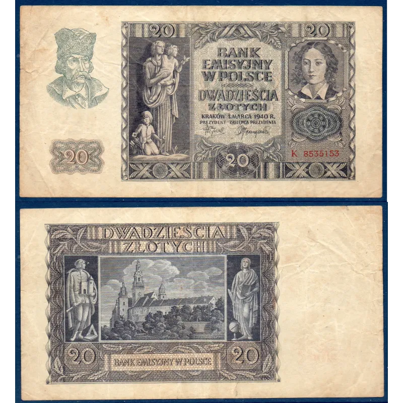 Pologne P.95, TB Billet de 20 zlotych 1940 Emilie Plater