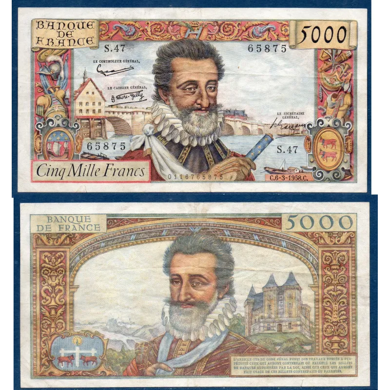 5000 Francs Henri IV, TTB, 6.3.1958 Billet de la banque de France