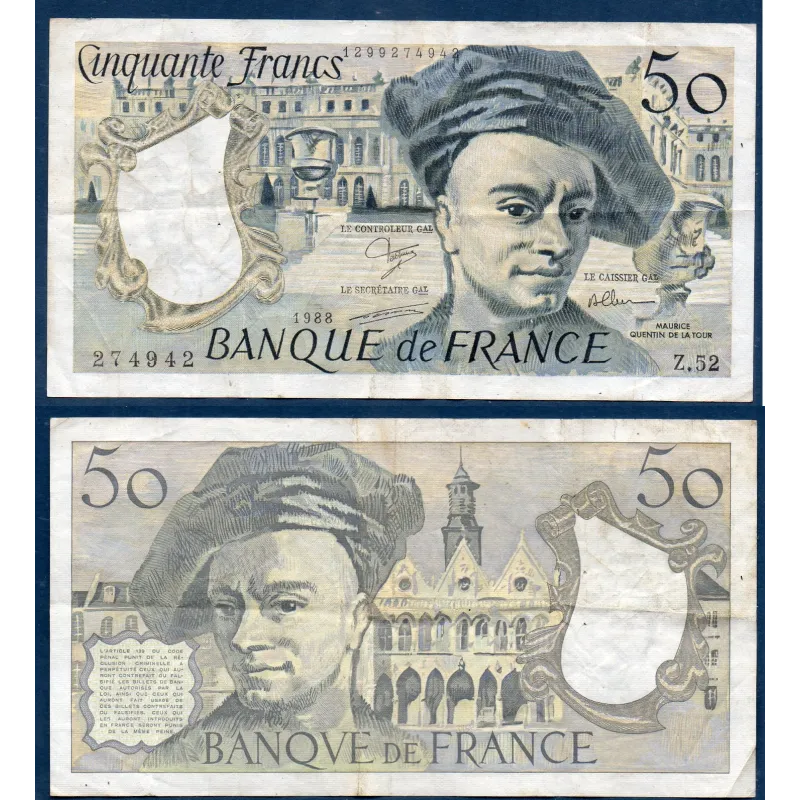 50 Francs Quentin, TB, 1988 Billet de la banque de France