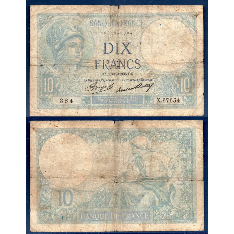 10 Francs Minerve, B-, 17.12.1936 Billet de la banque de France