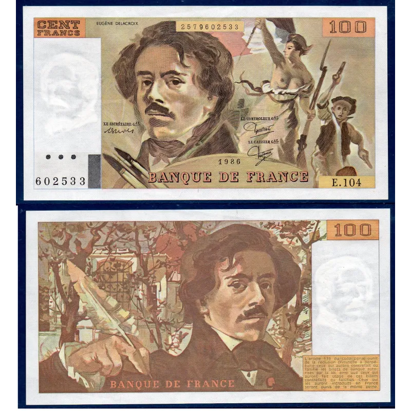 100 Francs Delacroix, TTB, 1986 Billet de la banque de France