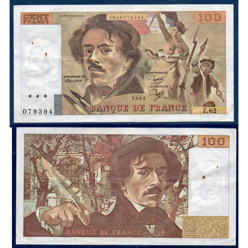 100 Francs Delacroix, TTB, 1982 Billet de la banque de France