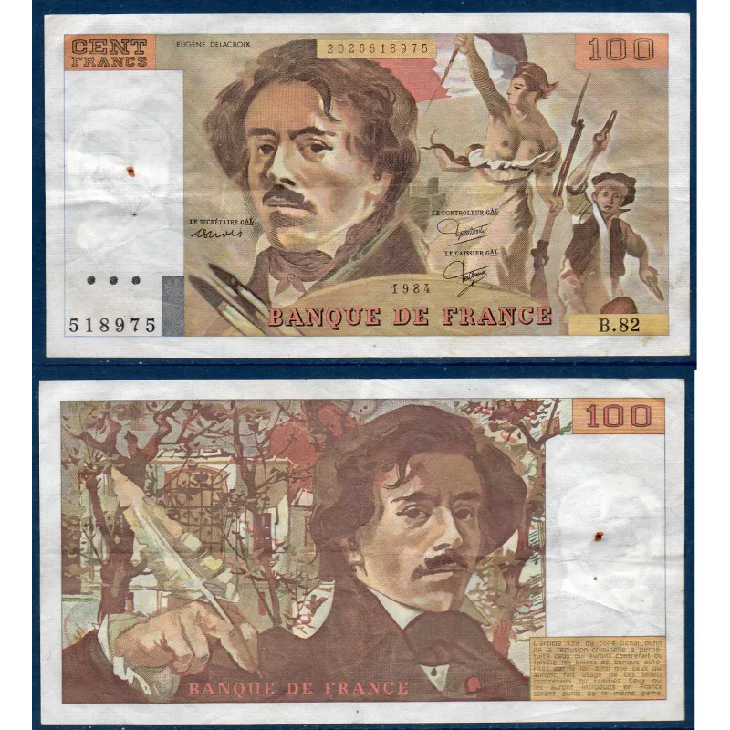 100 Francs Delacroix, TTB, 1984 Billet de la banque de France