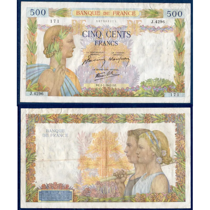 500 Francs La Paix, TB+, 2.1.1942 Billet de la banque de France