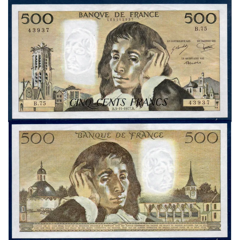 500 Francs Pascal, TTB, 3.11.1977 Billet de la banque de France