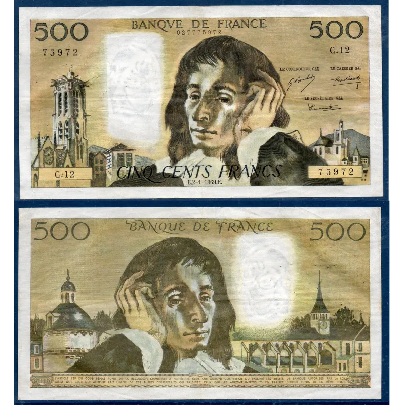 500 Francs Pascal, TTB-, 2.1.1969 Billet de la banque de France