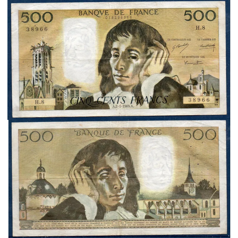 500 Francs Pascal, TB, 2.1.1969 Billet de la banque de France