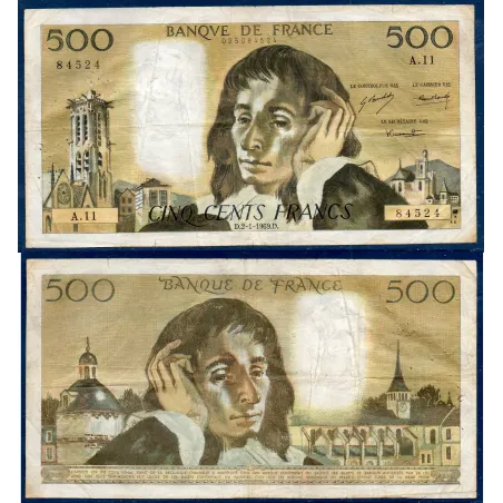 500 Francs Pascal, TB, 2.1.1969 Billet de la banque de France