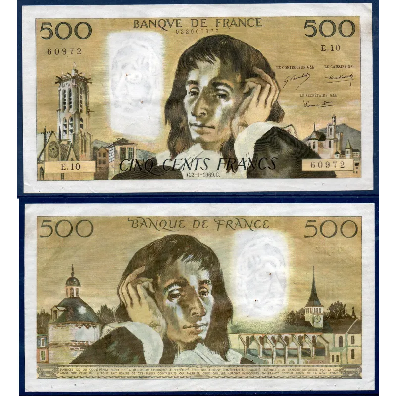 500 Francs Pascal, TTB, 2.1.1969 Billet de la banque de France