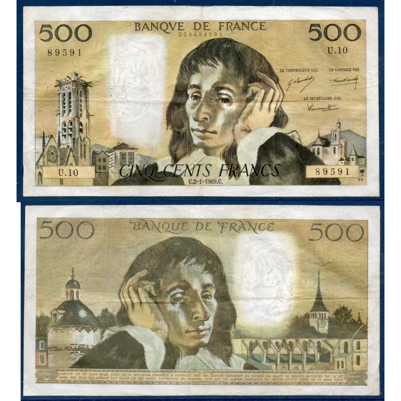 500 Francs Pascal, TB, 2.1.1969 Billet de la banque de France