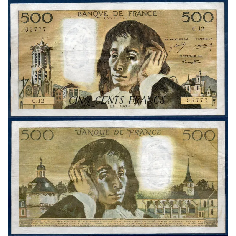 500 Francs Pascal, TB+, 2.1.1969 Billet de la banque de France