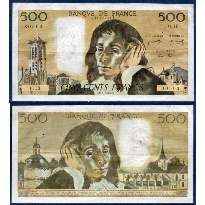 500 Francs Pascal, TTB, 2.1.1969 Billet de la banque de France