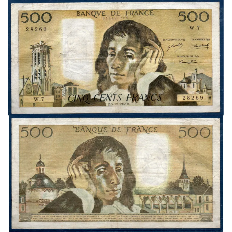 500 Francs Pascal, TB, 5.12.1968 Billet de la banque de France