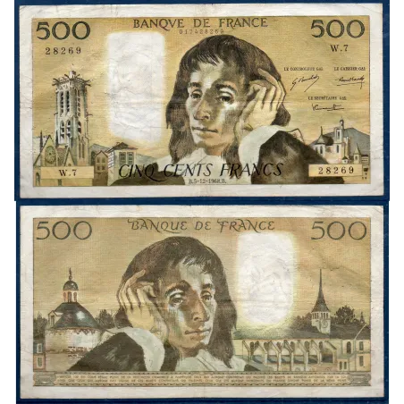 500 Francs Pascal, TB, 5.12.1968 Billet de la banque de France