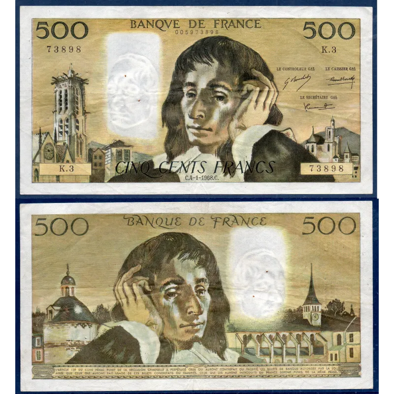 500 Francs Pascal, TTB, 4.1.1968 Billet de la banque de France