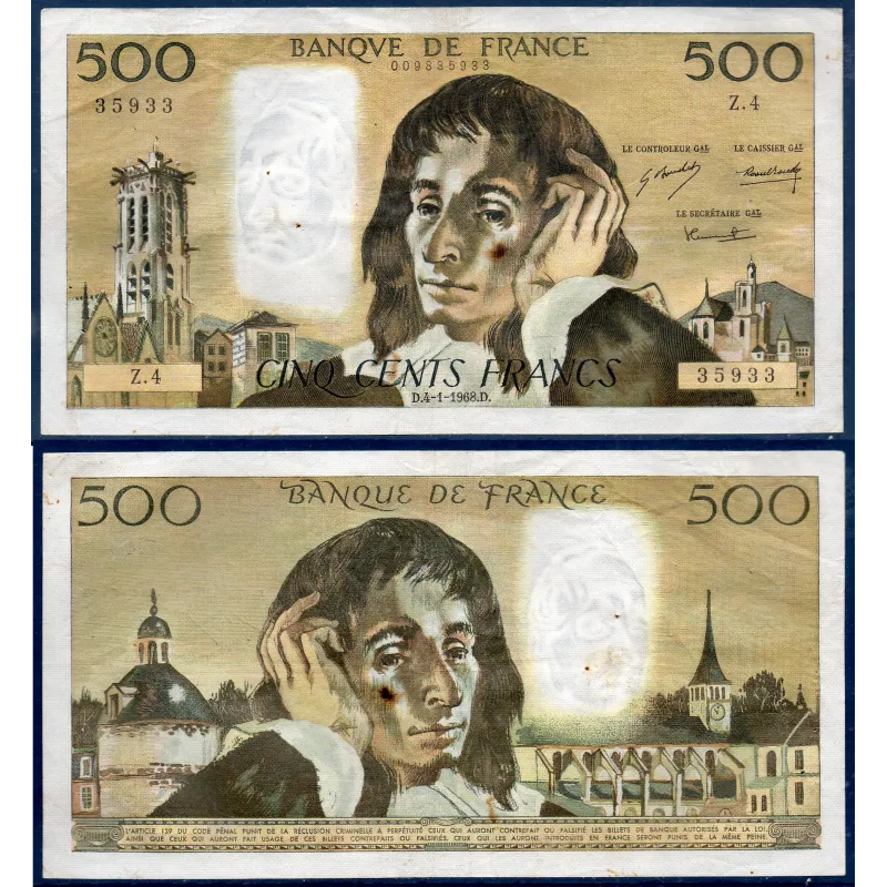 500 Francs Pascal, TB, 4.1.1968 Billet de la banque de France