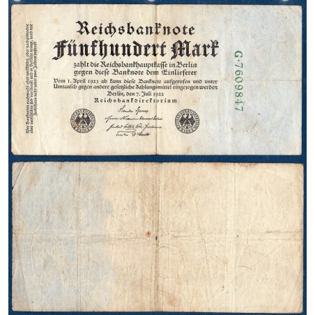 Allemagne P.74b, TB Billet de 500 Mark 1922 7 chiffres