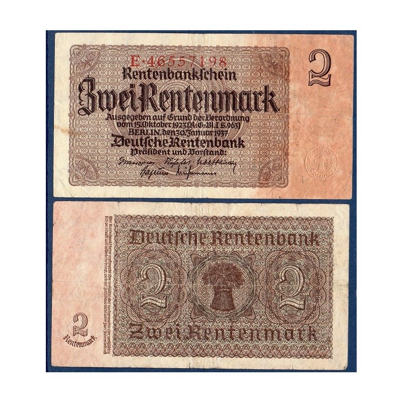 Allemagne P.174b, TB Billet de 2 Rentenmark 1937 8 chiffres