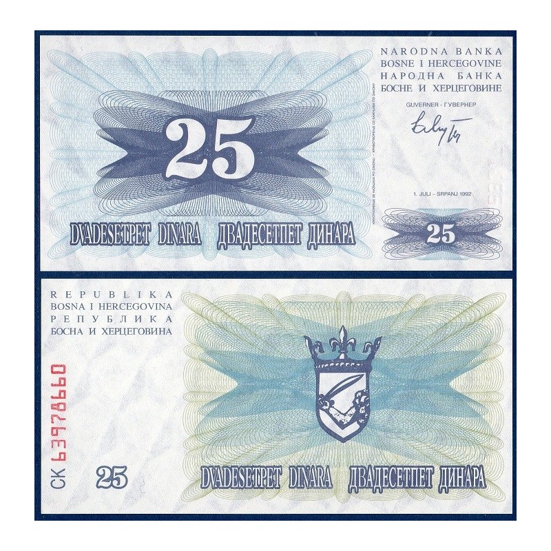 Bosnie P.11a, neuf Billet de 25 Dinara 1992 bleu gris