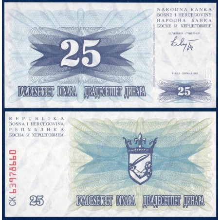 Bosnie P.11a, neuf Billet de 25 Dinara 1992 bleu gris