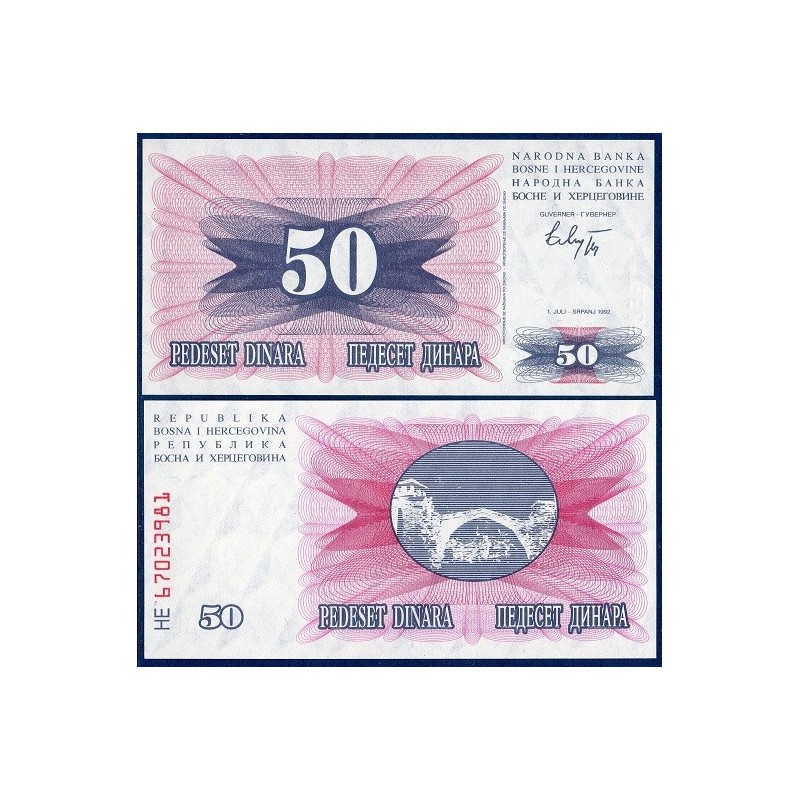 Bosnie P.12a, neuf Billet de 50 Dinara 1992 pont fushia