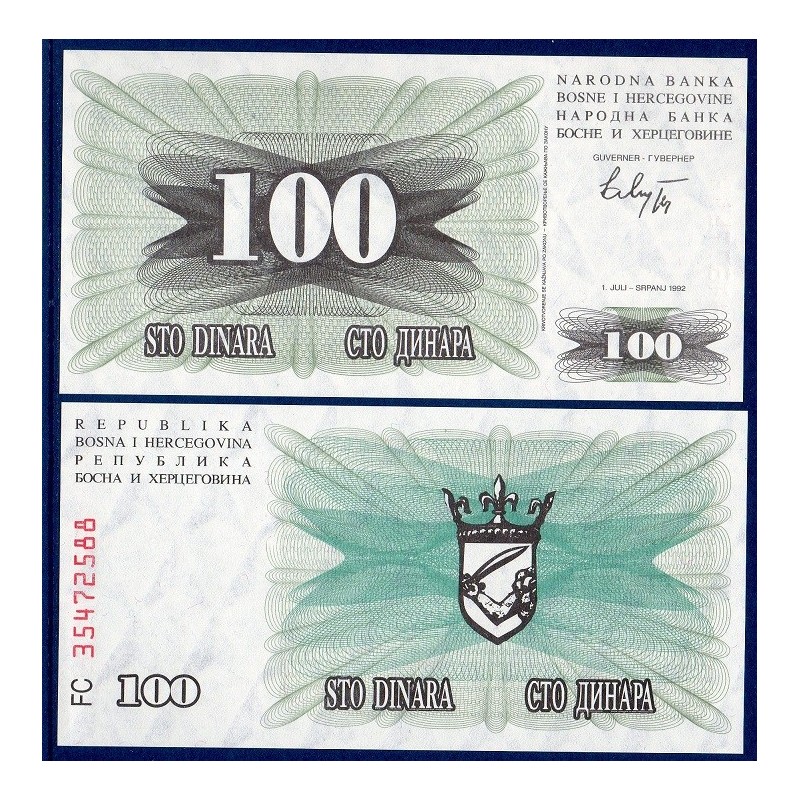 Bosnie P.13a, Neuf Billet de 100 Dinara 1992 Vert gris