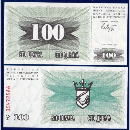 Bosnie P.13a, Neuf Billet de 100 Dinara 1992 Vert gris