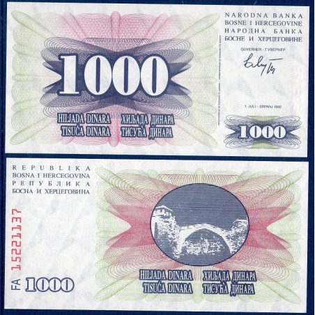 Bosnie P.15a, neuf Billet de 1000 Dinara 1992 pont violet