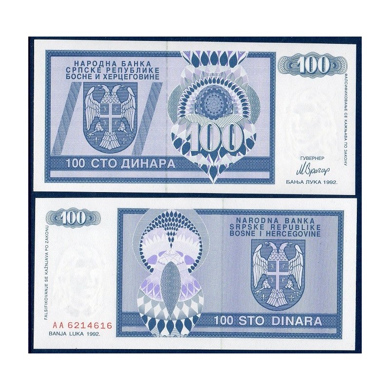 Bosnie P.135a, neuf Billet de 100 Dinara 1992 bleu