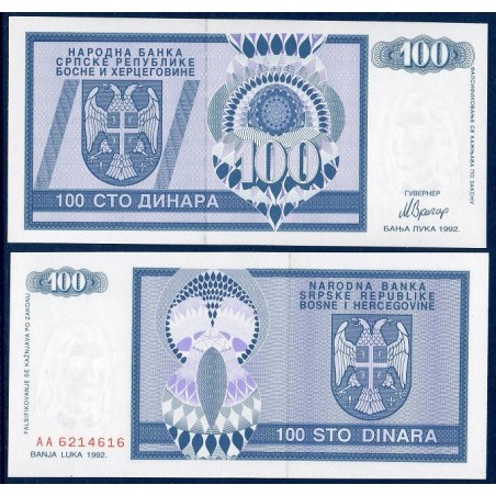 Bosnie P.135a, neuf Billet de 100 Dinara 1992 bleu