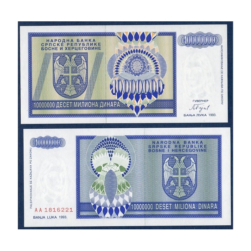 Bosnie P.144a, neuf Billet de 10000000 Dinara 1993 bleu vert