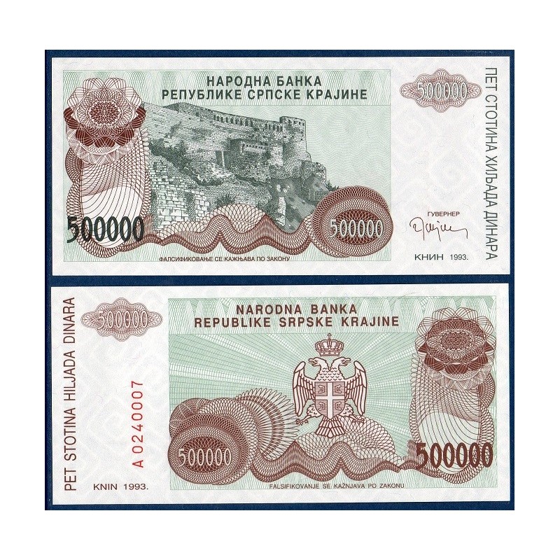 Croatie P.R23a, neuf Billet de 500000 Dinara 1993 brun Knin