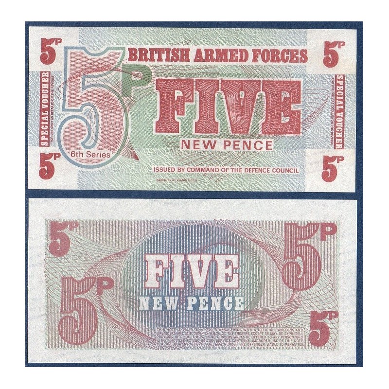 G.B. Armée P.M47, neuf Billet de 5 new Pence 1972 rouge