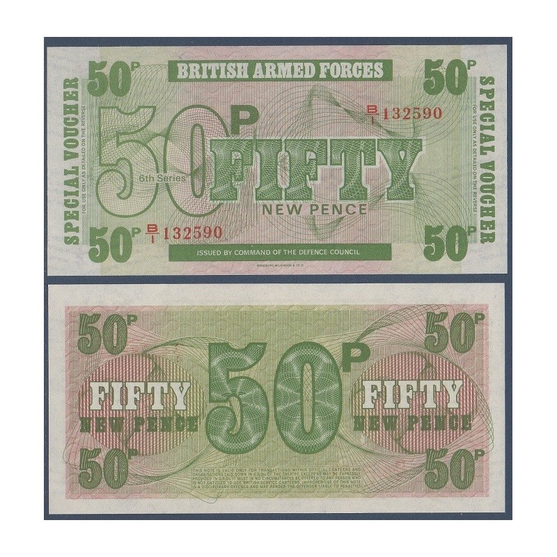 G.B. Armée P.M49, neuf Billet de 50 new Pence 1972 vert