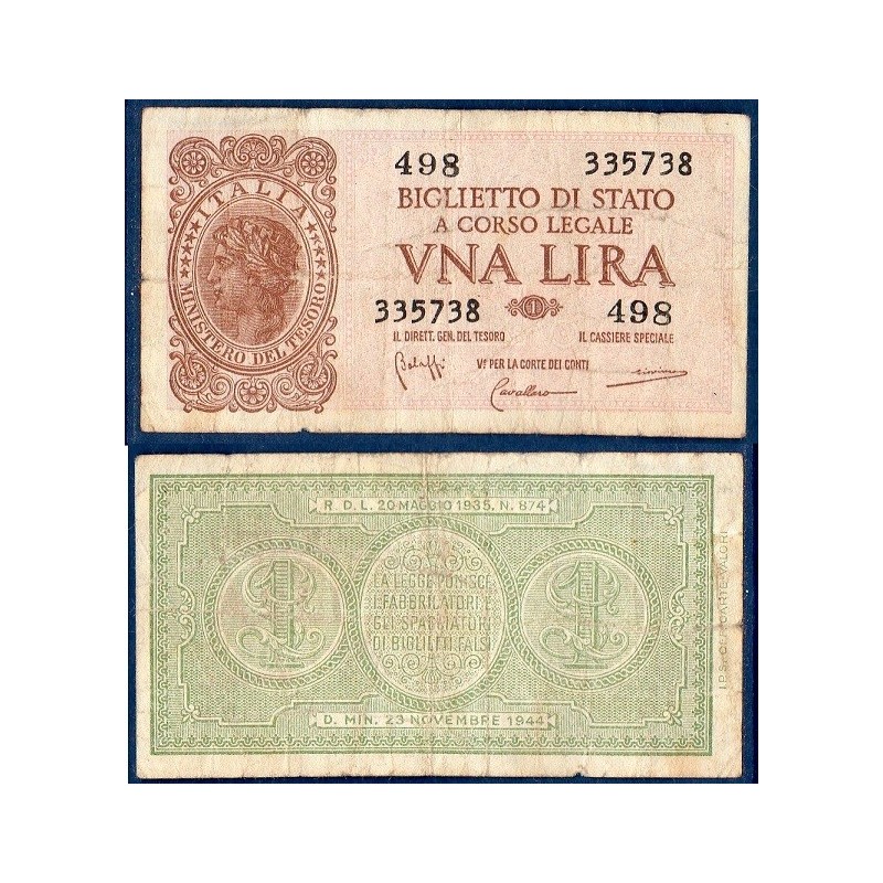 Italie P.29b, TB Billet de 1 Lire 1944 allégorie