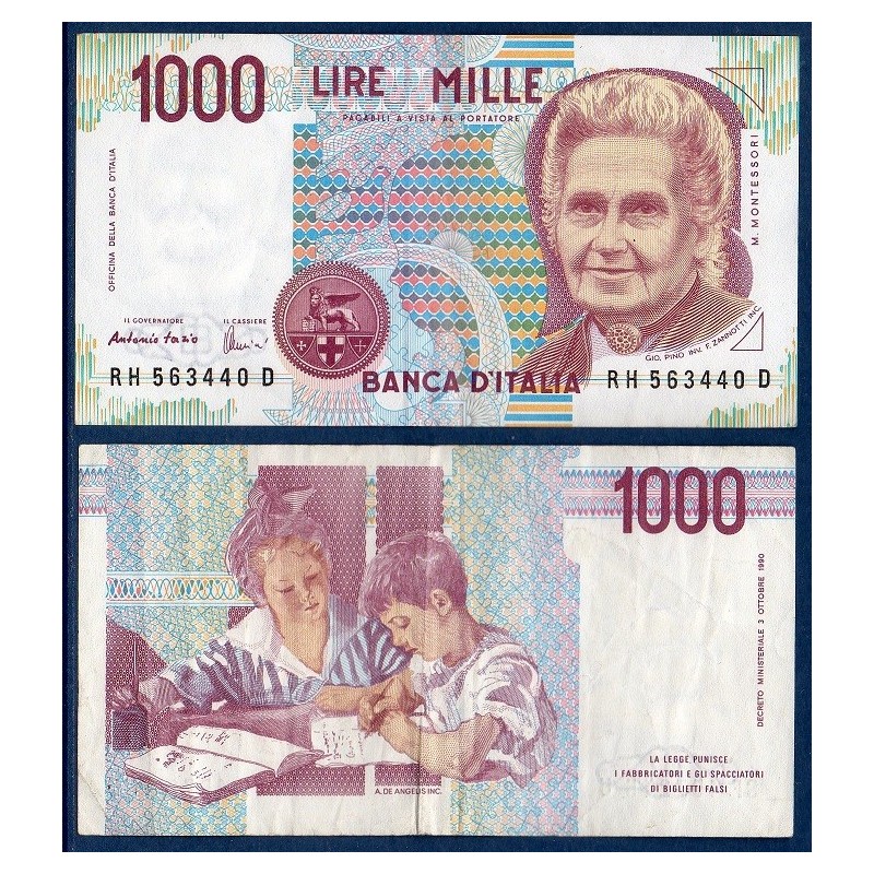 Italie P.114c, TTB Billet de 1000 Lire 1990 Maria Montesori