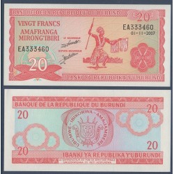 Burundi P.27d, Neuf, Billet de 20 Francs 1997-2007 Armoiries