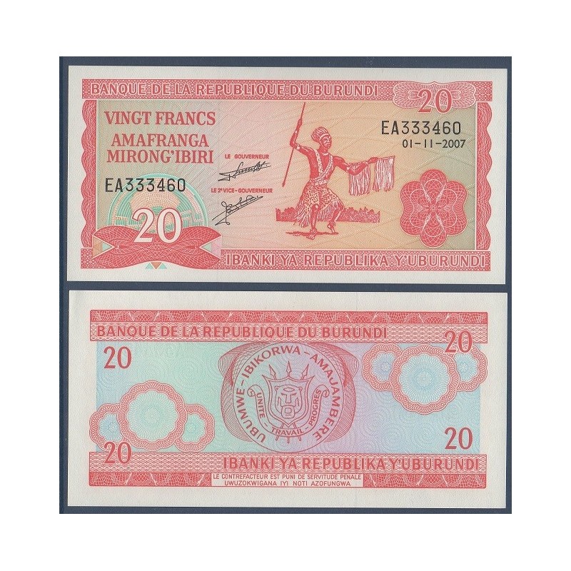 Burundi P.27d, Neuf, Billet de 20 Francs 1997-2007 Armoiries